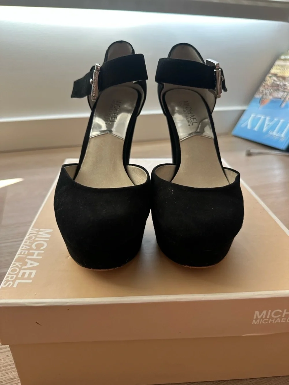 Michael Kors Black Suede Platform Ankle-Strap Heels - Picture 2 of 7